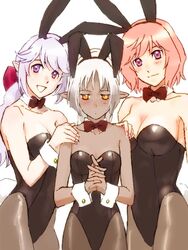  3girls animal_ears commentary_request dark-skinned_female dark_skin multiple_girls orange_eyes original pantyhose pink_eyes playboy_bunny pointy_ears purple_eyes purple_hair rabbit_ears red_hair sankyou white_hair 