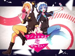  2girls alternate_costume animal_hood bad_id bad_pixiv_id blonde_hair blue_eyes blue_hair boots candy_apple dango ene_(kagerou_project) food fur_trim high_heels hood hoodie kagerou_project kangmoro kisaragi_momo kunoichi_demo_koi_ga_shitai_(vocaloid) long_hair multiple_girls pantyhose parody sanshoku_dango skewer wagashi yellow_eyes 