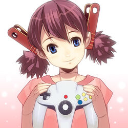  bad_id bad_pixiv_id blue_eyes brown_hair controller doll_joints female game_console game_controller head_tilt holding joints josette kouno_(masao) nintendo_64 photoshop_(medium) smile solo twintails upper_body wonder_project_j2 