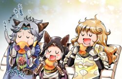  2boys :3 :d ^^^ animal_ears armor belt blonde_hair blush_stickers burger burger_malfunction cat_ears cloak closed_eyes commentary_request drooling ears_through_headwear eating erune failure female food granblue_fantasy grey_hair hair_intakes hair_tubes holding hood hooded_cloak long_hair multiple_boys naoise open_mouth scathacha_(granblue_fantasy) seruel shuuko smile translation_request 