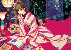  book brown_eyes brown_hair commentary_request female highres japanese_clothes kimono long_hair matsuo_hiromi obi original sash solo 