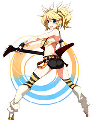  :p alternate_costume alternate_hairstyle ass belt blonde_hair blue_eyes blush bra bracelet breasts caee_penguin commentary_request electric_guitar female fingerless_gloves gloves guitar hair_ribbon highres instrument jewelry kagamine_rin looking_at_viewer looking_back medium_breasts mikumikudance photoshop_(medium) ribbon short_hair short_shorts shorts sideboob solo striped_clothes striped_thighhighs thighhighs tongue tongue_out twintails underwear vocaloid white_background 