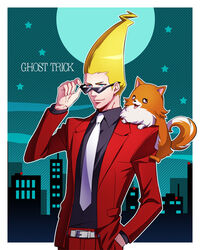  1boy adjusting_eyewear bad_id bad_pixiv_id blonde_hair building canine formal ghost_trick hand_in_pocket kuren male_focus missile_(ghost_trick) moon necktie pomeranian_(dog) sissel_(ghost_trick) star_(symbol) suit sunglasses 