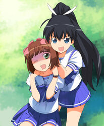  2girls :d ;d a1_(initial-g) absurdres amami_haruka asphyxiation black_hair blue_eyes brown_hair choke_hold cosplay ganaha_hibiki green_eyes hakuryou_high_school_uniform hayase_mitsuki hayase_mitsuki_(cosplay) highres idolmaster idolmaster_(classic) kimi_ga_nozomu_eien long_hair looking_at_viewer multiple_girls name_connection non-web_source one_eye_closed open_mouth photoshop_(medium) ribbon saliva school_uniform short_hair skirt sleeper_hold smile strangling suzumiya_haruka suzumiya_haruka_(cosplay) turn_pale v-shaped_eyebrows 