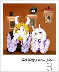  anthro asgore_dreemurr beard better_version_at_source boss_monster_(undertale) bovid caprine dogamy dogaressa duo english_text etfish5355138 facial_hair female froggit fur grillby hi_res horn long_ears male mammal photo river_person_(undertale) text toriel undertale undertale_(series) white_body white_fur 