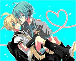  2boys hatsune_mikuo hold holding kagamine_len male male_focus milenkuo multiple_boys vocaloid yaoi 