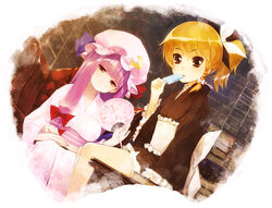  2girls alternate_hairstyle bare_legs blonde_hair blunt_bangs book bookshelf bow braid brown_hair chinchickrin closed_eyes commentary_request dutch_angle food grin hairbow hand_fan head_tilt japanese_clothes kimono kirisame_marisa large_bow legs library multiple_girls obi one_eye_closed paper_fan patchouli_knowledge photoshop_(medium) ponytail popsicle purple_eyes purple_hair sash side_braid sitting smile staring table touhou uchiwa uchiwa_(medium) voile wince 