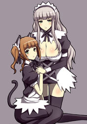  2girls animal_ears apron blush breasts brown_hair cleavage commentary_request green_eyes grey_hair holding_hands idolmaster idolmaster_(classic) kneeling large_breasts long_hair maid maid_headdress multiple_girls photoshop_(medium) shijou_takane shirt simple_background sitting tail takatsuki_yayoi taut_clothes taut_shirt thighhighs twintails wakame zettai_ryouiki 