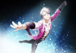  1boy blue_eyes commentary_request figure_skating fingerless_gloves gloves grey_hair ice_skates male_focus photoshop_(medium) skates solo viktor_nikiforov yuri!!!_on_ice zhuo_mi 