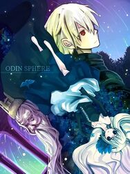  2boys armor bad_id bad_pixiv_id bird black_armor blonde_hair blue_eyes copyright_name crown dress female flower gloves gwendolyn_(odin_sphere) hachino head_wings long_hair multiple_boys odin_(odin_sphere) odin_sphere oswald_(odin_sphere) red_eyes sky white_hair wings 