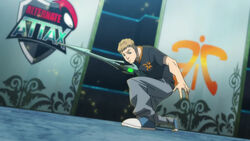  1boy blonde_hair cyanide_(gamer) fnatic jarvan_iv_(league_of_legends) league_of_legends logo male_focus polearm real_life shirt solo spear studio_mir t-shirt weapon 