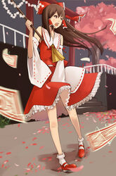  bad_id bad_pixiv_id bare_shoulders bobby_socks bow brown_hair cherry_blossoms detached_sleeves female frills gohei hairbow hakurei_reimu highres long_hair motion_blur ofuda open_mouth petals red_bow red_skirt shigureteki shoes skirt socks solo stairs touhou tree 