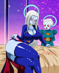  1boy ass blue_skin blush breasts cleavage clothed collar colored daishinkan dicasty dragon_ball dragon_ball_super eyelashes female heart_eyes large_breasts long_hair looking_at_breasts on_bed open_mouth parted_lips ponytail pose purple_eyes purple_lipstick shiny shiny_skin smile tongue vados_(dragon_ball) white_hair 