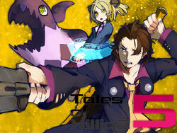  alvin_(tales) alvin_(tales_of_xillia) beard blonde_hair brown_eyes brown_hair coat copyright_name elise_lutus elize_lutus facial_hair green_eyes gun necktie open_mouth scarf short_hair skirt sword tales_of_(series) tales_of_xillia tales_of_xillia_2 teepo_(tales) tipo_(xillia) title_drop twintails weapon 