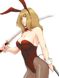  animal_ears brown_eyes brown_hair commentary_request female long_hair original pantyhose playboy_bunny rabbit_ears sankyou solo sword weapon 