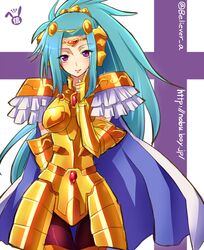  arai_nobu armor bad_id bad_pixiv_id blue_hair cape female gemini_paradox gold_armor gold_saint long_hair looking_at_viewer purple_eyes saint_seiya saint_seiya_omega solo watermark web_address 