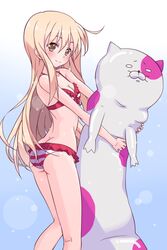  ass bikini blonde_hair brown_eyes commentary_request doma_umaru feline female flat_ass himouto!_umaru-chan k10k long_hair nekoronbusu stuffed_animal stuffed_toy swimsuit toy 