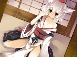  alternate_costume animal_ears bad_id bad_pixiv_id bare_shoulders breasts cleavage collarbone dutch_angle female hat imis inubashiri_momiji kourindou_tengu_costume large_breasts obi off_shoulder red_eyes sash short_hair sitting solo tokin_hat touhou wariza white_hair wide_sleeves wolf_ears 