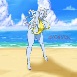  beach blue_skin breasts cleavage colored dicasty dragon_ball dragon_ball_super eyelashes female large_breasts long_hair looking_at_viewer makeup open_mouth parted_lips ponytail pose purple_eyes purple_lipstick shiny shiny_skin smile tongue vados_(dragon_ball) water white_hair 