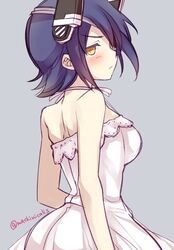  bad_id bad_twitter_id blush breasts dress female grey_background headgear kantai_collection looking_at_viewer machinicalis medium_breasts purple_hair short_hair simple_background solo tenryuu_(kancolle) yellow_eyes 