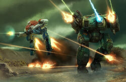  anthony_scroggins_(shimmering_sword) battle battletech cloud commentary damaged dirty dodging energy_beam energy_cannon english_commentary explosion falconer_(battletech) firing gatling_gun gun jumping laser mecha mountain non-humanoid_robot particle_projector_cannon realistic river robot sagittaire_(battletech) science_fiction signature tree walker_(robot) water weapon 