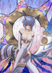  blue_hair breasts brown_eyes commentary_request cuboon elbow_gloves eyepatch female gloves head_wings highres large_breasts lilith_(lord_of_vermilion) long_legs long_toenails lord_of_vermilion photoshop_(medium) pointy_ears short_hair solo thighhighs toenails toes white_thighhighs wings 