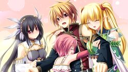  1boy 3girls :d arm_hug bare_shoulders black_hair blonde_hair blush brown_eyes closed_eyes clothes_grab detached_sleeves elf emelita feather_hair_ornament feathers fingerless_gloves game_cg gloves hair_ornament hairband hairclip happy harem hatozuki_tsumiki hug kamidori_alchemy_meister lens_flare long_hair multiple_girls oerba_yun_fang open_mouth pink_hair pointy_ears red_eyes servalwi_endoss short_hair sleeve_grab smile sparkle straight twintails wilfred_dion yuela 