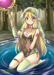  bad_id bad_pixiv_id blonde_hair breasts circlet cleavage collarbone commentary_request earrings female forest full_body jewelry large_breasts long_hair looking_at_viewer mole mole_under_eye narumizg nature navel necklace original outdoors panties pointy_ears purple_eyes side-tie_panties side_slit sitting smile solo staff tattoo tree underwear water 