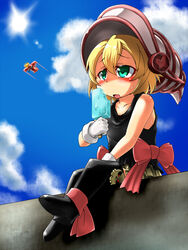  aircraft airplane bad_id bad_pixiv_id black_legwear blonde_hair blue_sky bow cloud day duel_monster female food gagaga_sister gloves goblindbergh green_eyes hat highres hot omega_na_hito open_mouth outdoors popsicle simple_background sitting skirt skull sky sun sweat thighhighs white_gloves yu-gi-oh! 