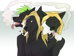  3_heads anthro blonde_hair canid canid_demon canine cerberus conjoined demon drugs european_mythology fur greek_mythology hair hellhound kittentits male mammal marijuana multi_head mythological_canine mythological_creature mythology nude open_mouth smile smoke smoking solo tongue tongue_out 