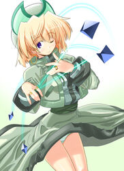  ;o blonde_hair blue_eyes clothes_lift commentary_request excel_(gewalt) female green_panties klarwind lyrical_nanoha mahou_shoujo_lyrical_nanoha mahou_shoujo_lyrical_nanoha_a&#039;s one_eye_closed panties pantyshot photoshop_(medium) shamal skirt skirt_lift solo underwear 