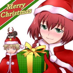  1boy antlers bell blonde_hair blush braid christmas commentary_request darker_than_black female gift gloves greave_(asterism) green_eyes hat holding holding_gift horns july_(darker_than_black) petya_(darker_than_black) red_gloves red_hair ribbon santa_costume santa_hat single_braid squirrel suou_pavlichenko 