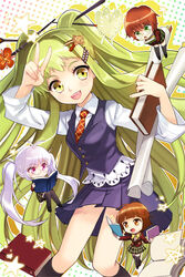  4girls :d amrita_(sword_girls) antenna_hair black_legwear blazer book bow brown_hair bug butterfly dress_shirt expressionless glasses green_eyes green_hair grin hair_ornament hair_stick holding jacket kneehighs long_hair lowres mini_person minigirl multiple_girls necktie open_mouth orange_eyes orange_hair photoshop_(medium) pinky_out plaid plaid_skirt pleated_skirt purple_hair red_eyes ribbon school_uniform shirt shokill skirt smile socks star_(symbol) sword_girls syokil thighhighs twintails two_side_up v very_long_hair vest yellow_eyes 