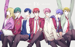  6+boys blonde_hair blue_hair brothers cardigan commentary_request dasshu_(dashi_now) f6_(osomatsu-san) green_hair grin iyami long_hair male_focus matsuno_choromatsu matsuno_ichimatsu matsuno_jyushimatsu matsuno_karamatsu matsuno_osomatsu matsuno_todomatsu md5_mismatch multiple_boys osomatsu-kun osomatsu-san osomatsu_(series) pink_hair purple_hair red_hair resolution_mismatch school_uniform sextuplets siblings smile source_smaller 