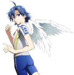  1boy absurdres ahoge blue_eyes blue_hair commentary_request cycling_uniform highres male_focus manami_sangaku natsuko_(bluecandy) solo sportswear sweatdrop white_background wings yowamushi_pedal 