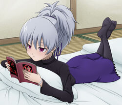  bad_anatomy bad_id bad_pixiv_id bed book darker_than_black feet female grey_hair hair_ribbon indoors legs_up lying no_shoes on_stomach pantyhose photoshop_(medium) pillow ponytail pornography purple_eyes purple_skirt reading ribbon skirt soles solo tatami the_pose yaoi_(object) yin_(darker_than_black) yukihanaok 