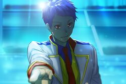  1boy bad_id bad_twitter_id blue_hair blurry ichijou_shin idol king_of_prism king_of_prism_by_prettyrhythm kono59417 looking_at_viewer male_focus necktie pointing pointing_at_viewer pretty_rhythm pretty_series red_eyes red_necktie smile solo upper_body 