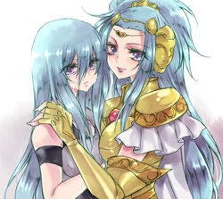  2girls armor bad_id bad_pixiv_id blue_eyes blue_hair cape dual_persona gemini_paradox gold_armor gold_saint kyan_(glira) long_hair looking_at_viewer mask multiple_girls saint_seiya saint_seiya_omega smile tears 