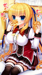  ahoge black_thighhighs blonde_hair blue_eyes breasts chair commentary_request cream_puff eating female food food_on_clothes highres impossible_clothes large_breasts mashuu_(neko_no_oyashiro) pleated_skirt red_skirt sakuragi_roofolet_ashe school_uniform sitting skirt solo thighhighs twintails underbust wagamama_high_spec zettai_ryouiki 