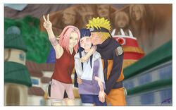  1boy 2girls blonde_hair couple green_eyes hyuuga_hinata kissing multiple_girls naruto_(series) naruto_shippuuden pink_hair purple_hair sakura_haruno satokochaaan smile straight uzumaki_naruto v victory 