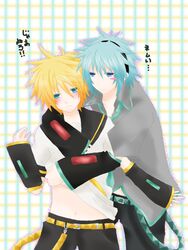  2boys blush hatsune_mikuo kagamine_len male male_focus milenkuo multiple_boys shirt_lift vocaloid 