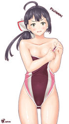  absurdres ahoge asymmetrical_bangs bangs bare_shoulders black_hair brown_swimsuit character_name collarbone competition_swimsuit cowboy_shot female flat_chest fujinami_(kantai_collection) gluteal_fold hair_ribbon highres kantai_collection long_hair looking_at_viewer notchi one-piece_swimsuit ribbon side_ponytail simple_background solo surprised swimsuit swimsuit_pull white_background white_ribbon yellow_eyes 