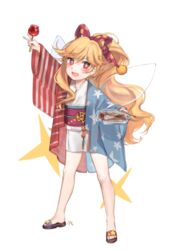  +_+ :d absurdres adapted_costume american_flag american_flag_kimono american_flag_print arm_up blonde_hair blush brown_footwear candy_apple chopsticks clownpiece container fairy_wings female flag_print food full_body hair_ribbon haori highres holding holding_food japanese_clothes kimono long_hair looking_at_viewer no_headwear obi oerba_yun_fang open_mouth pink_eyes polka_dot polka_dot_ribbon print_kimono purple_ribbon purple_sash ribbon sandals sash shan short_kimono simple_background smile solo standing thighs touhou tupperware v very_long_hair wavy_hair white_background white_kimono wings 