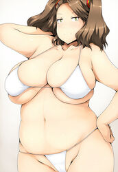  arm_behind_head belly bikini breasts brown_hair collarbone commentary_request curvy fat female green_eyes gundam gundam_build_fighters gundam_build_fighters_try hair_ornament hand_on_own_hip highres huge_breasts looking_at_viewer navel plump sagging_breasts sazaki_kaoruko smile string_bikini swimsuit tsukasawa_takamatsu twintails underboob undersized_clothes white_bikini wide_hips 