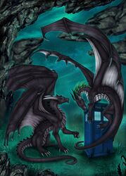  2019 ambiguous_gender bite black_body black_scales blue_eyes british_broadcasting_corporation claws detailed_background digital_media_(artwork) doctor_who dragon duo european_mythology feral hi_res horn membrane_(anatomy) membranous_wings mythological_creature mythological_scalie mythology open_mouth outside scales scalie selianth sitting spines tail tardis teeth tongue western_dragon wings yellow_eyes 