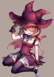  animal_ears black_legwear cat_ears cat_tail dress female female gloves grey_background hair_over_one_eye hat kiitos long_hair open_mouth original simple_background sitting smile solo tail thighhighs wariza witch_hat 