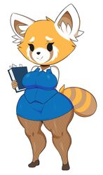  2019 aggretsuko ailurid anthro biped bottomwear breasts clothed clothing female fishnet_clothing fishnet_legwear footwear fully_clothed hand_behind_back hi_res holding_object legwear looking_at_viewer mammal mehdrawings pencil_skirt red_panda retsuko sanrio shoes short_stack simple_background skirt smile solo thick_thighs white_background 