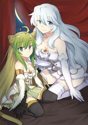  2girls alternate_costume animal_ears artemis_(fate) atalanta_(fate) bare_shoulders blue_eyes breasts cleavage commentary_request curtains elbow_gloves fate/apocrypha fate/grand_order fate_(series) gloves gradient_hair green_eyes highres long_hair moon multicolored_hair multiple_girls night nikame tail thighhighs very_long_hair white_hair 