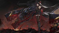  armored_boots azur_lane bare_shoulders black_hair black_thighhighs boots breasts cannon commentary_request conductor_baton female fire floating_hair friedrich_der_grosse_(azur_lane) gauntlets gloves glowing hair_over_one_eye highres holding horns knee_boots large_breasts long_hair looking_afar machinery official_art photoshop_(medium) red_gloves red_horns rigging smile smoke_trail solo standing thighhighs toriumi_harumi turret very_long_hair wide_shot wind world_of_warships yellow_eyes zettai_ryouiki 