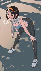  apple_watch ass bent_over black_hair blush bob_cut breasts brown_eyes brown_socks cleavage commentary downblouse dusk exercising female full_body hairband hand_on_own_knee heavy_breathing highres legs long_legs looking_at_viewer medium_breasts midriff nisetanaka open_mouth orange_hairband original pants scarf shoes smartwatch sneakers socks solo sports_bra striped_clothes striped_scarf sweat swept_bangs watch wristband wristwatch yoga_pants 